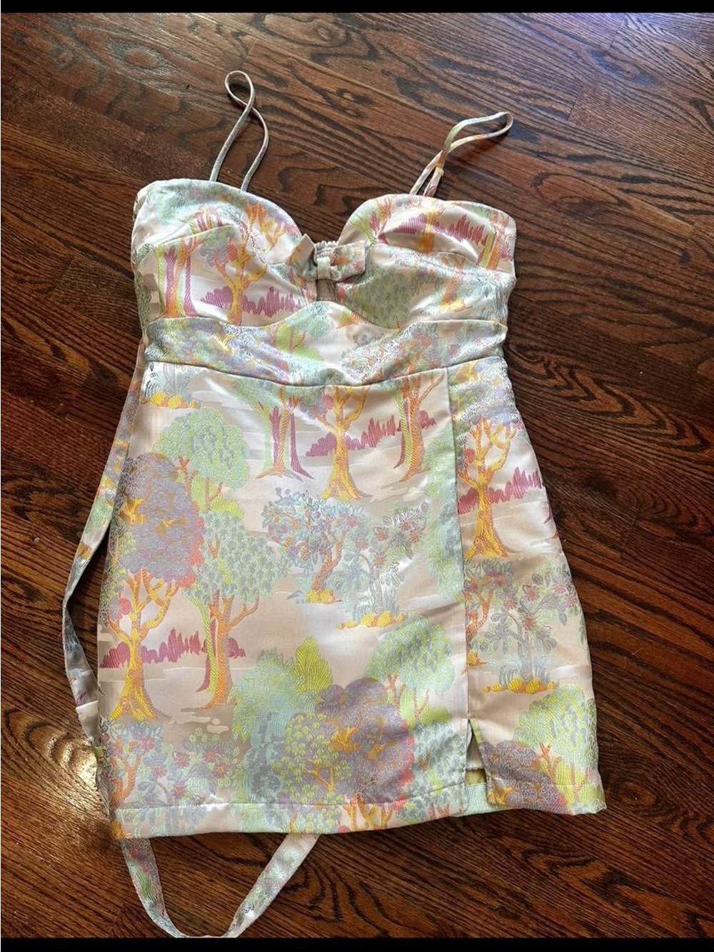 Maeve Pastel Tree-Print Mini Dress in Cream, Pink, Yellow & Green
